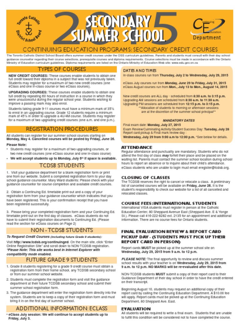 TCDSB Summer School Flyer PDF English As A Second Or Foreign