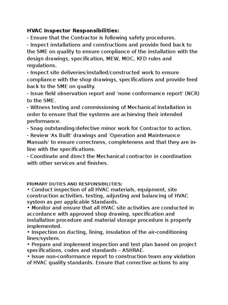 HVAC Inspector Responsibilities Engineering Science