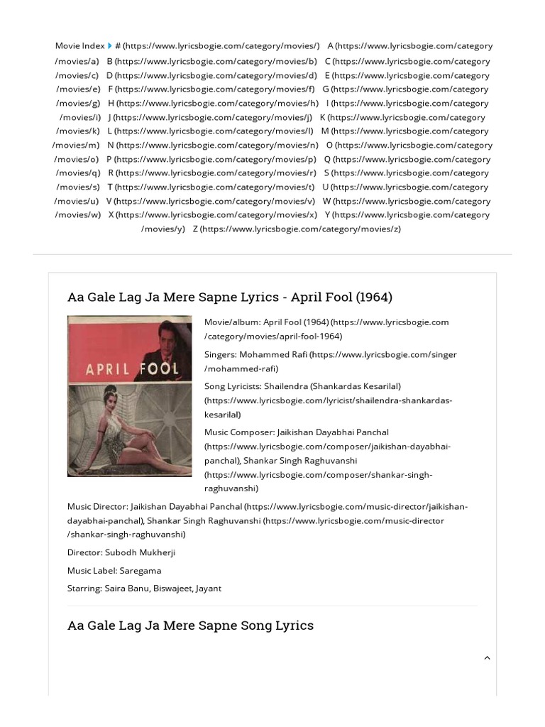 Gale Lag Ja Mere Sapne Lyrics April Fool 1964 Songs Lyrics Latest Hindi Lyrics Bollywood Entertainment General