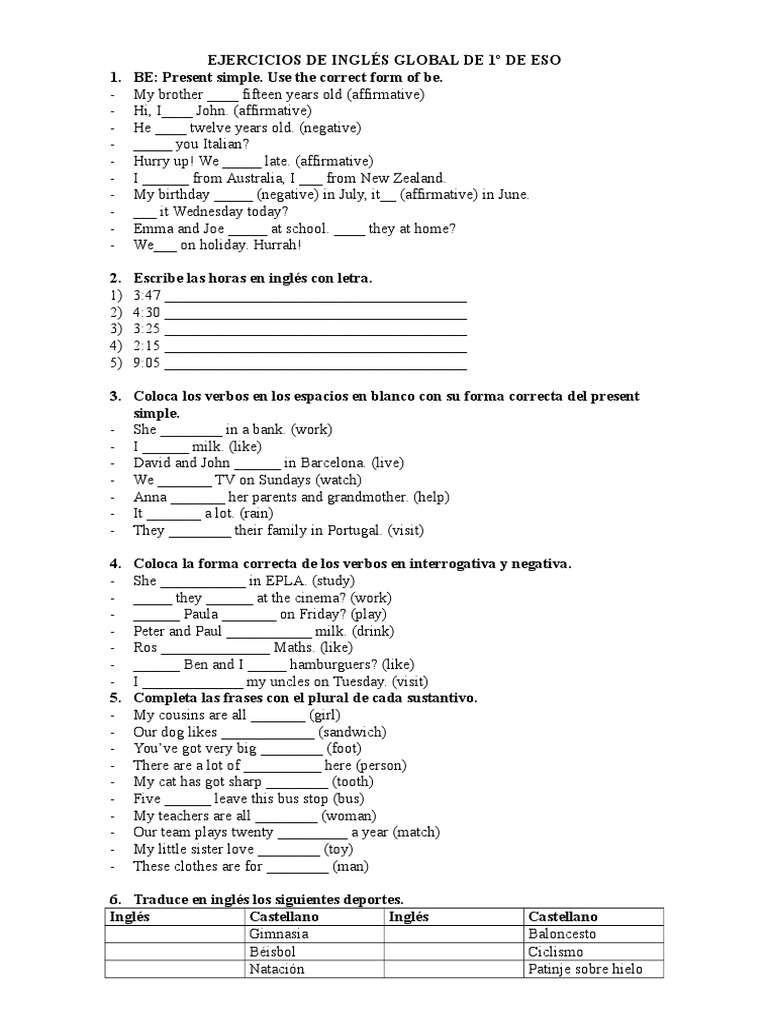 Ejercicios De Ingles Presente Simple Y Continuo 2 Eso Repaso Ingles 1 Eso | PDF