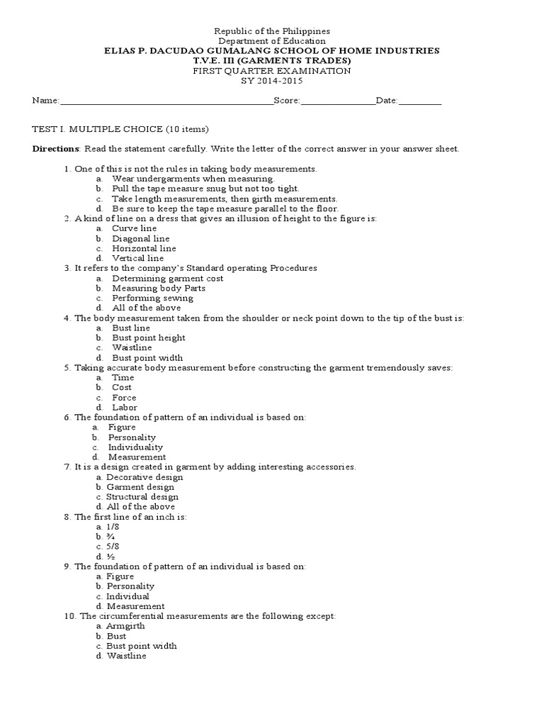 Dressmaking Sample Questions Waist Clothing