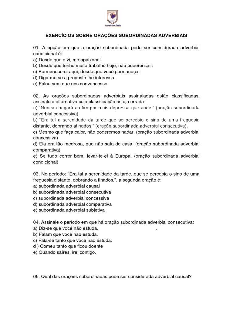 Exercícios de Oração Subordinada Adverbial | PDF | Linguística | Gramática
