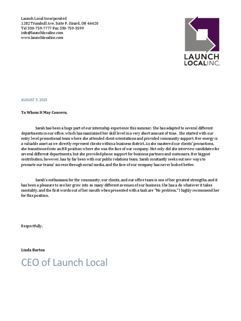 Launch Local Letter of Recommendation | PDF | Career & Growth