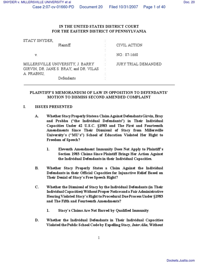 SNYDER v. MILLERSVILLE UNIVERSITY Et Al Document No. 20 PDF