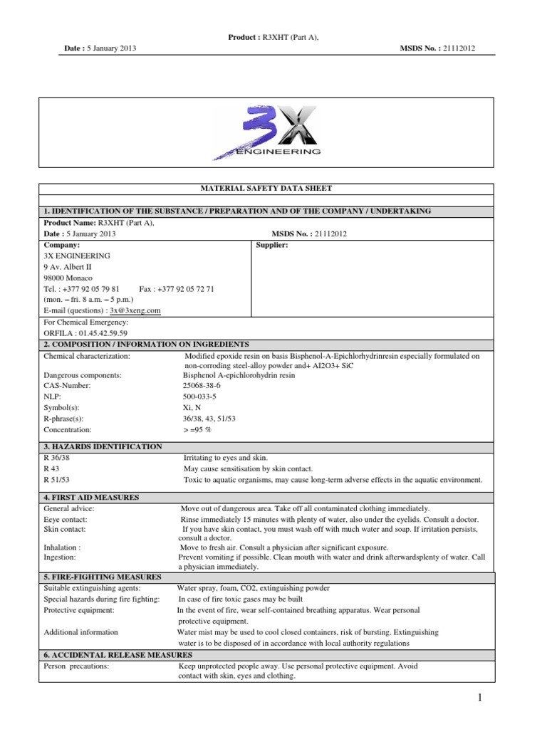 Material Safety Data Sheet for R3XHT (Part A) Epoxy Resin PDF