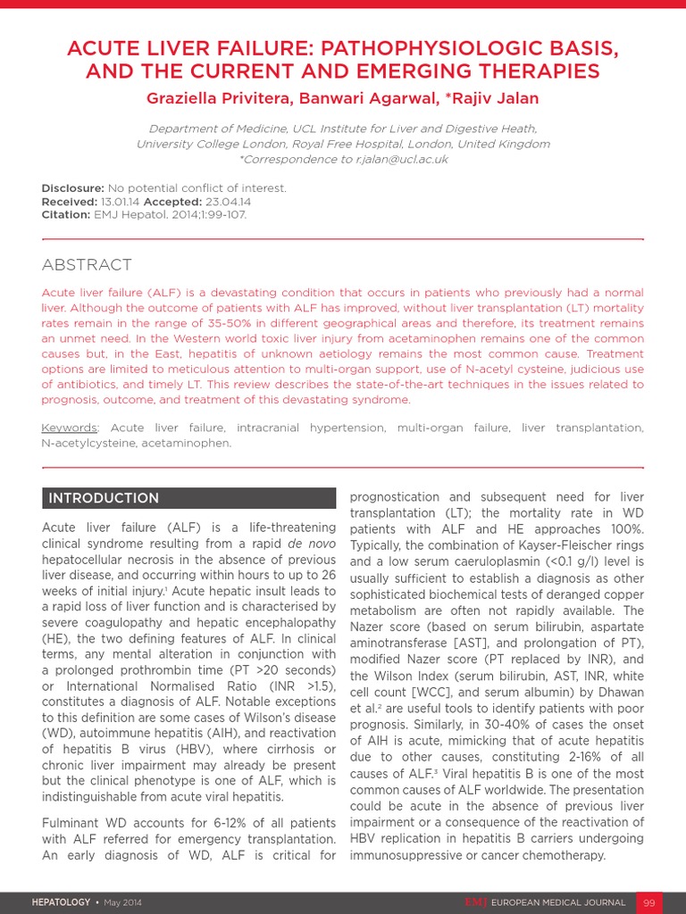 Acute Liver Failure Pathophysiologic Basis and The Current and Emerging ...