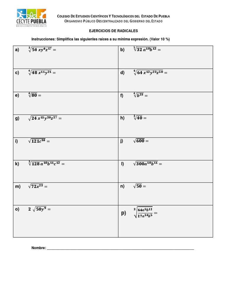 Ejercicios De Simplificación De Radicales Pdf