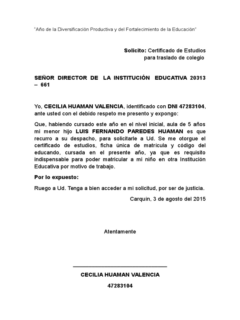 Solicitud Traslado de Colegio | PDF