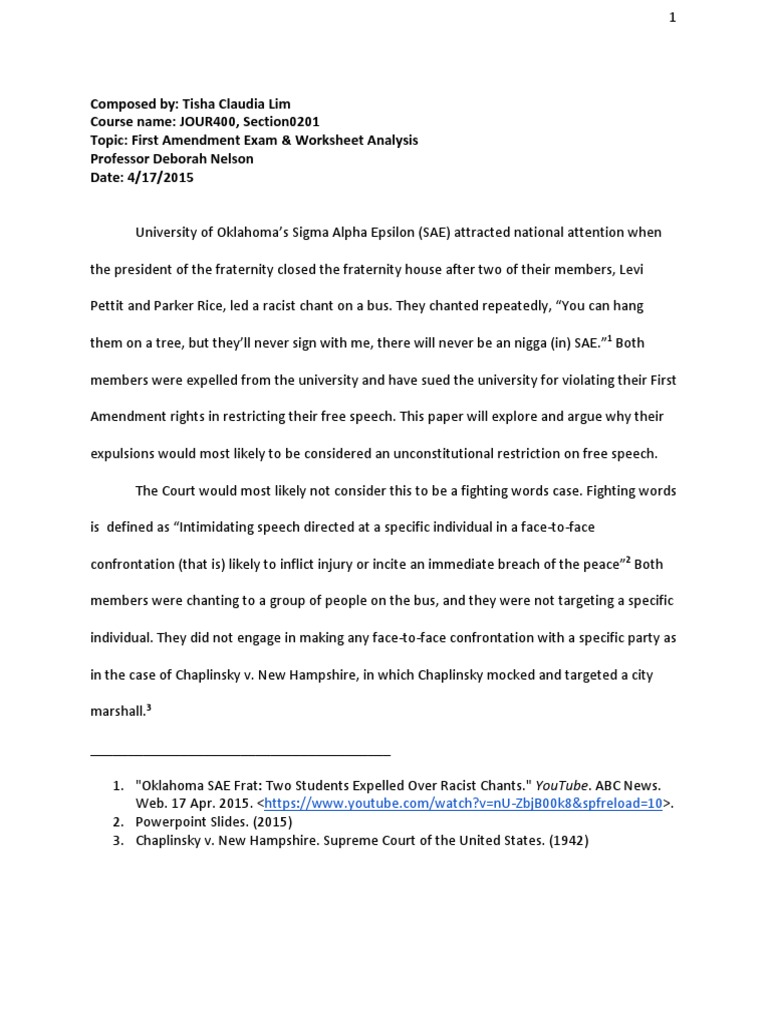 JOUR400—First Amendment Argument Exam & Worksheet Analysis | First