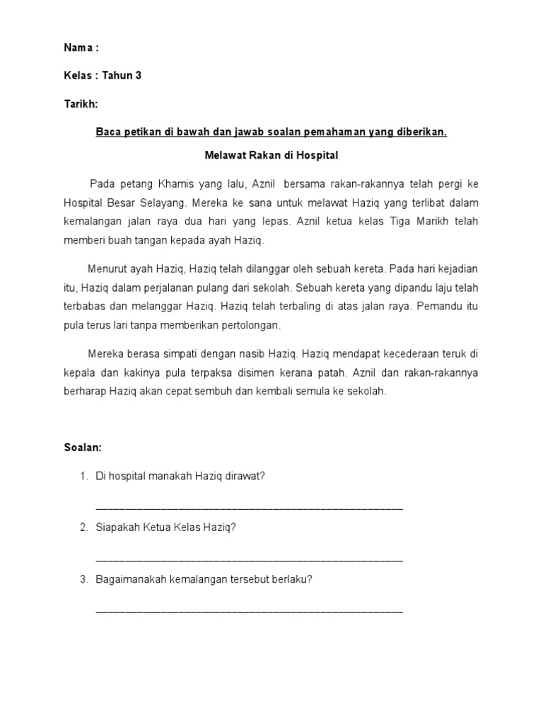 Soalan Pemahaman Tahun 3