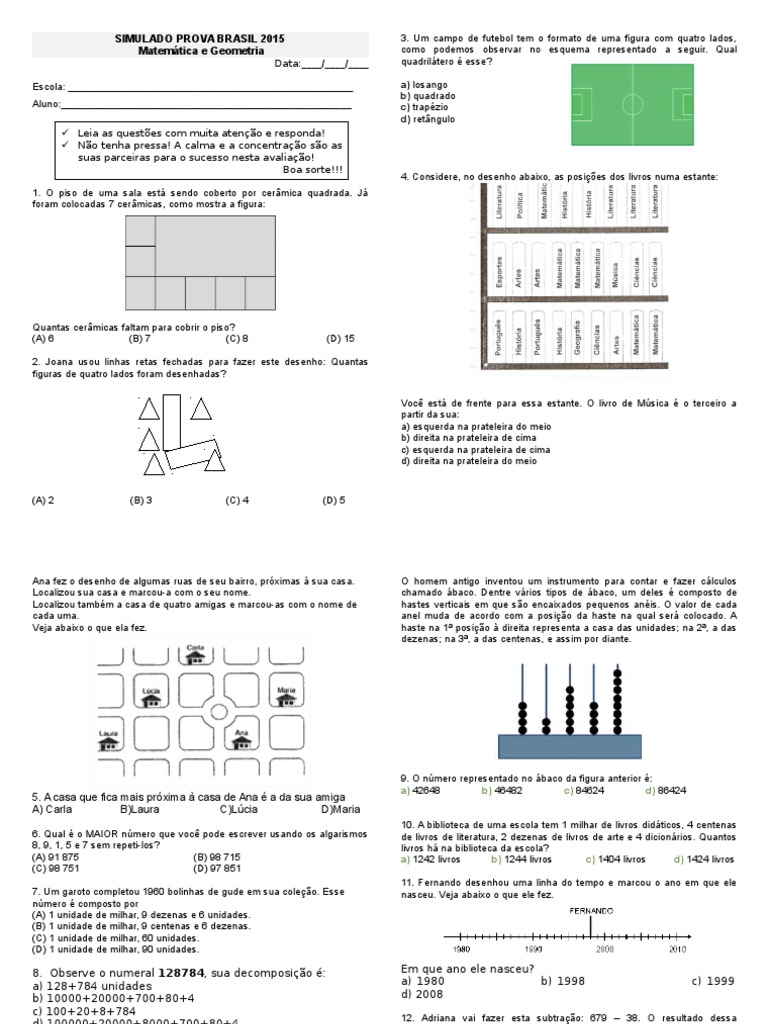 Simulado Matemática Prova Brasil 2015 | PDF | Brasil | Escolas