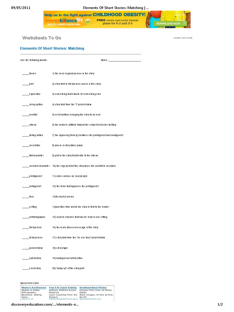 Elements of Short Stories Matching Quiz | PDF | General Fiction