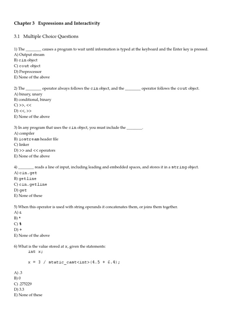 Chapter 03 Review Questions PDF Bracket C++