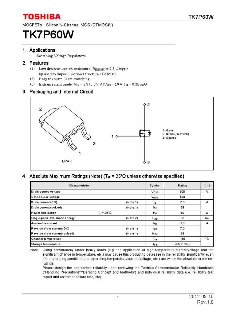 Datasheet tk7p60w | PDF | Field Effect Transistor | Mosfet