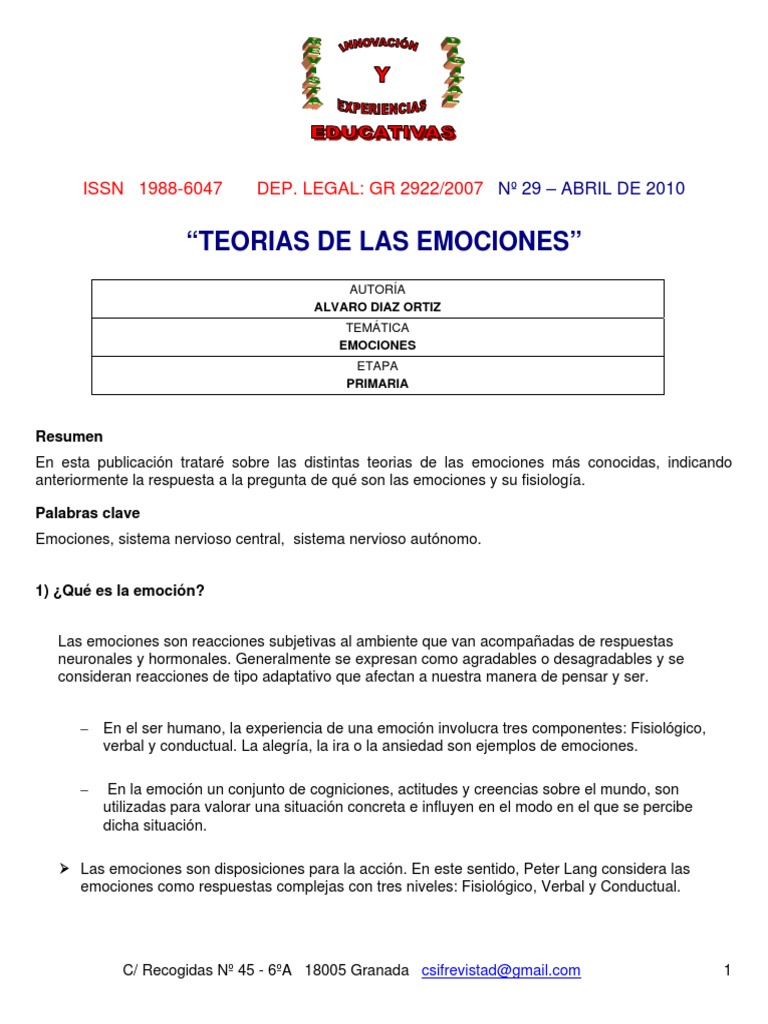 Teorías de las Emociones en Primaria | PDF