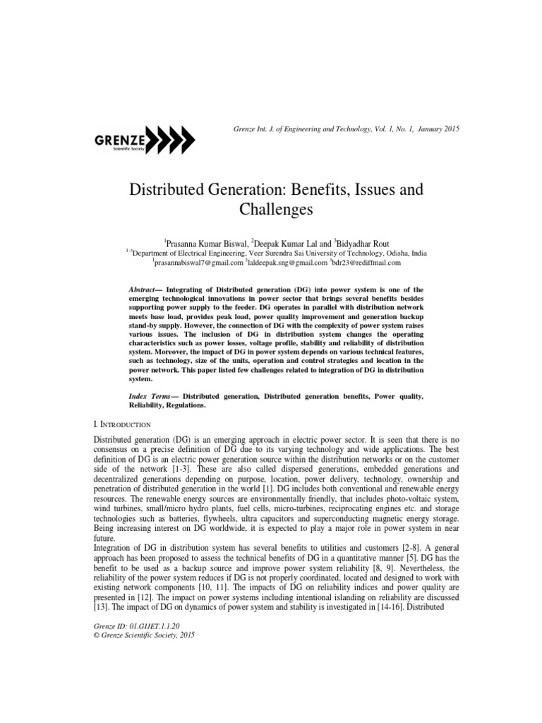 Distributed Generation: Benefits, Issues and Challenges | PDF ...