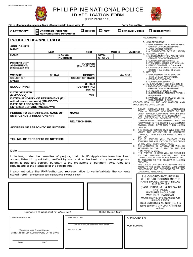 Application For PNP ID PDF | PDF | Identity Document | Official Documents