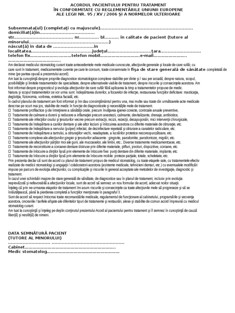 Acordul Pacientului Pentru Tratament | PDF
