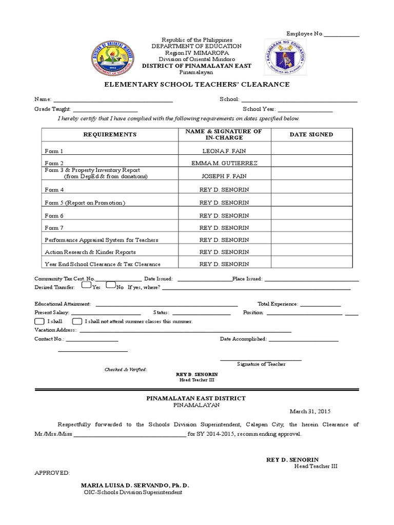 Elementary School Teachers' Clearance: District of Pinamalayan East ...