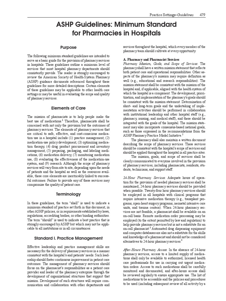 ASHP Guidelines Minimum Standard For Pharmacies in Hospitals PDF PDF