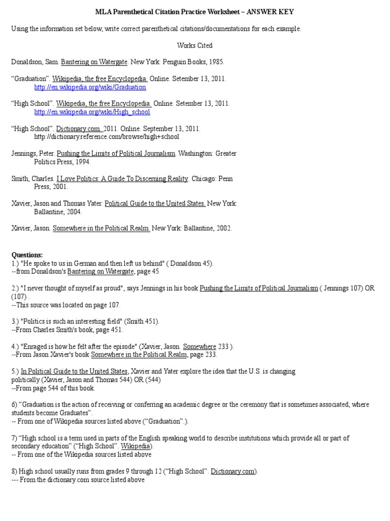 Mla Parenthetical Citation Practice Worksheet Answer Key | PDF | Citation |  Wikipedia