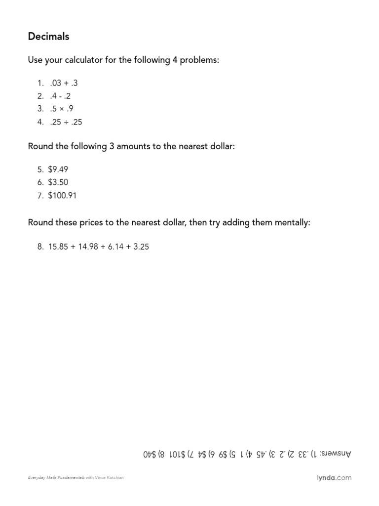 Decimals: Use Your Calculator For The Following 4 Problems | PDF ...