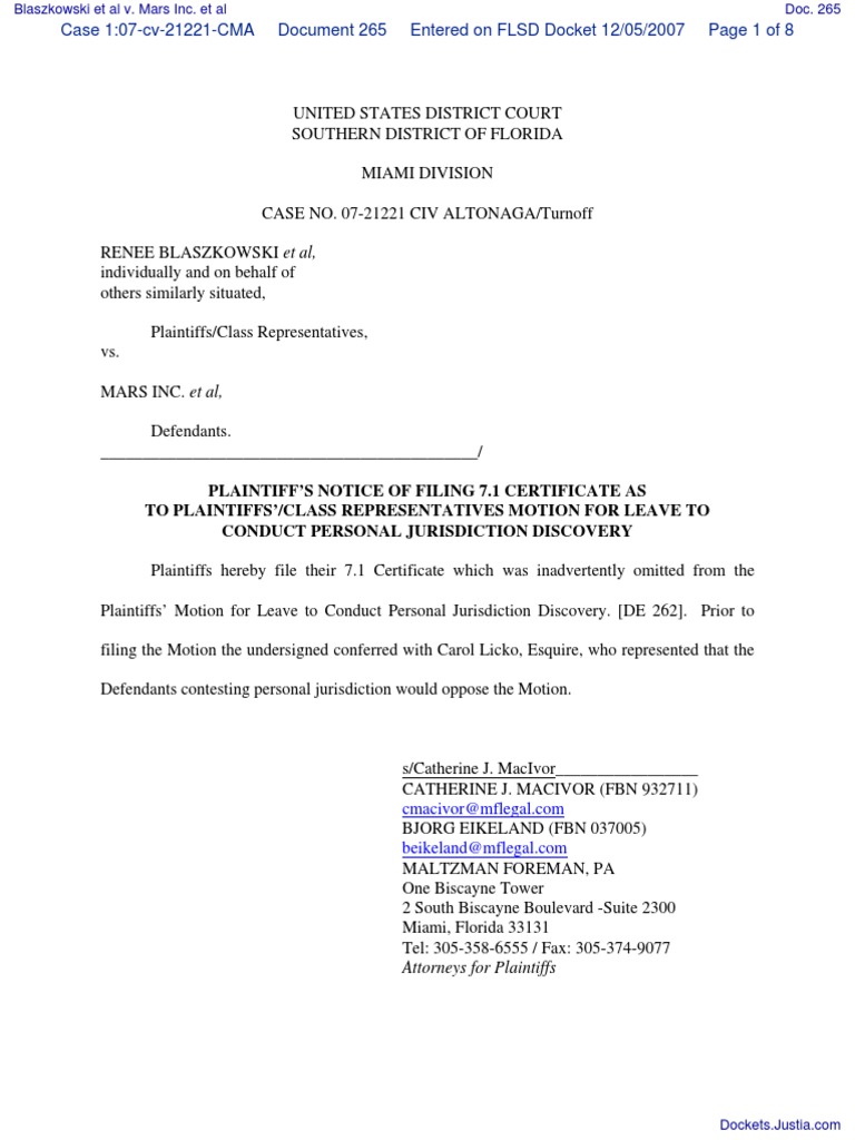 Plaintiff’S Notice Of Filing 7.1 Certificate As To Plaintiffs’/Class