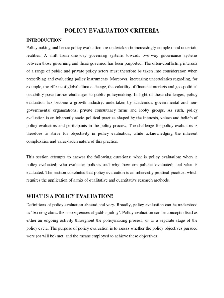 Policy Evaluation Criteria Lecture Notes Quality Of Life Policy