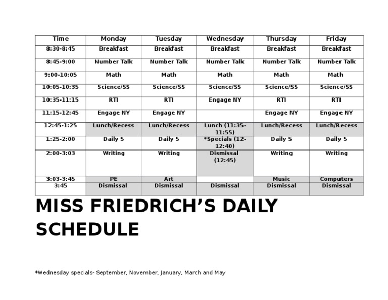 Miss Friedrich's Weekly Class Schedule | PDF | Language Arts & Discipline