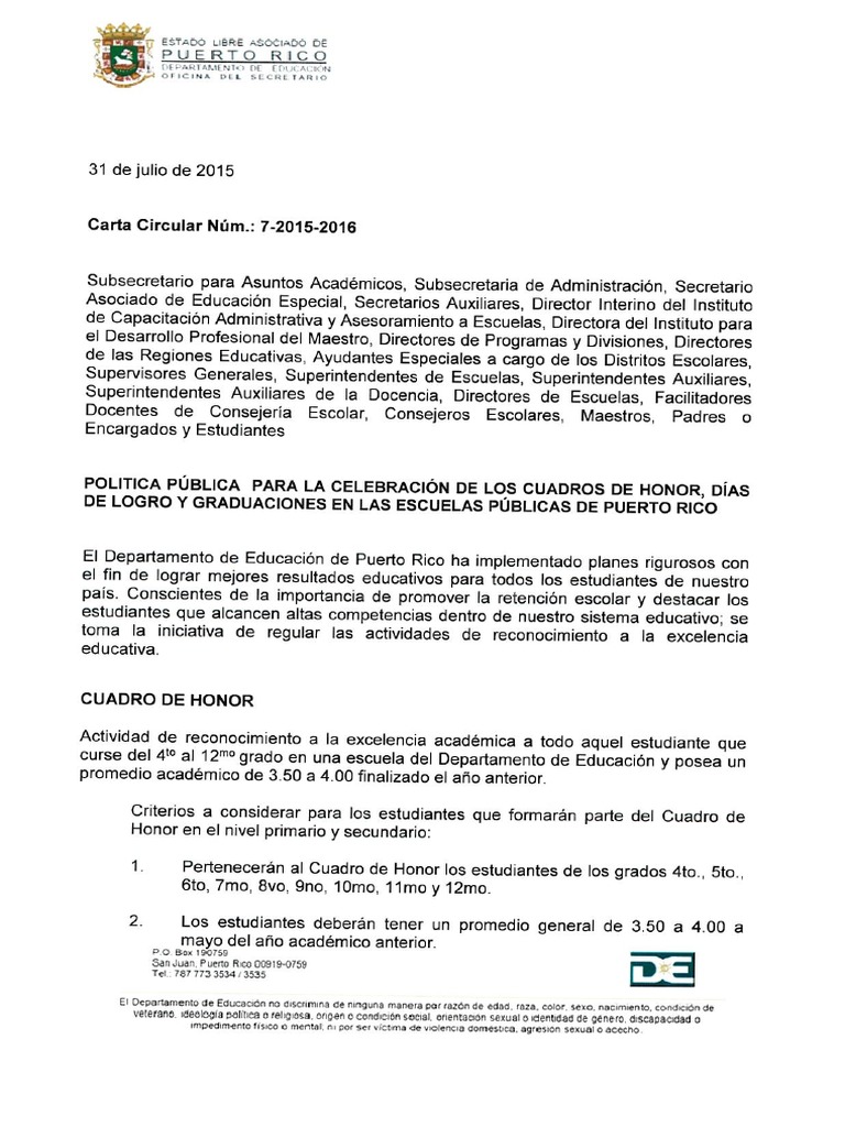Carta Circular Núm. 720152016 Celebración de Los Cuadros de Honor