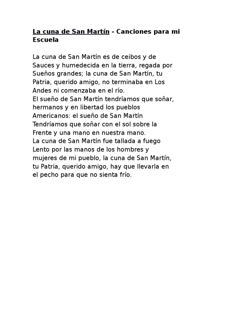 Letra La Cuna De San Martin