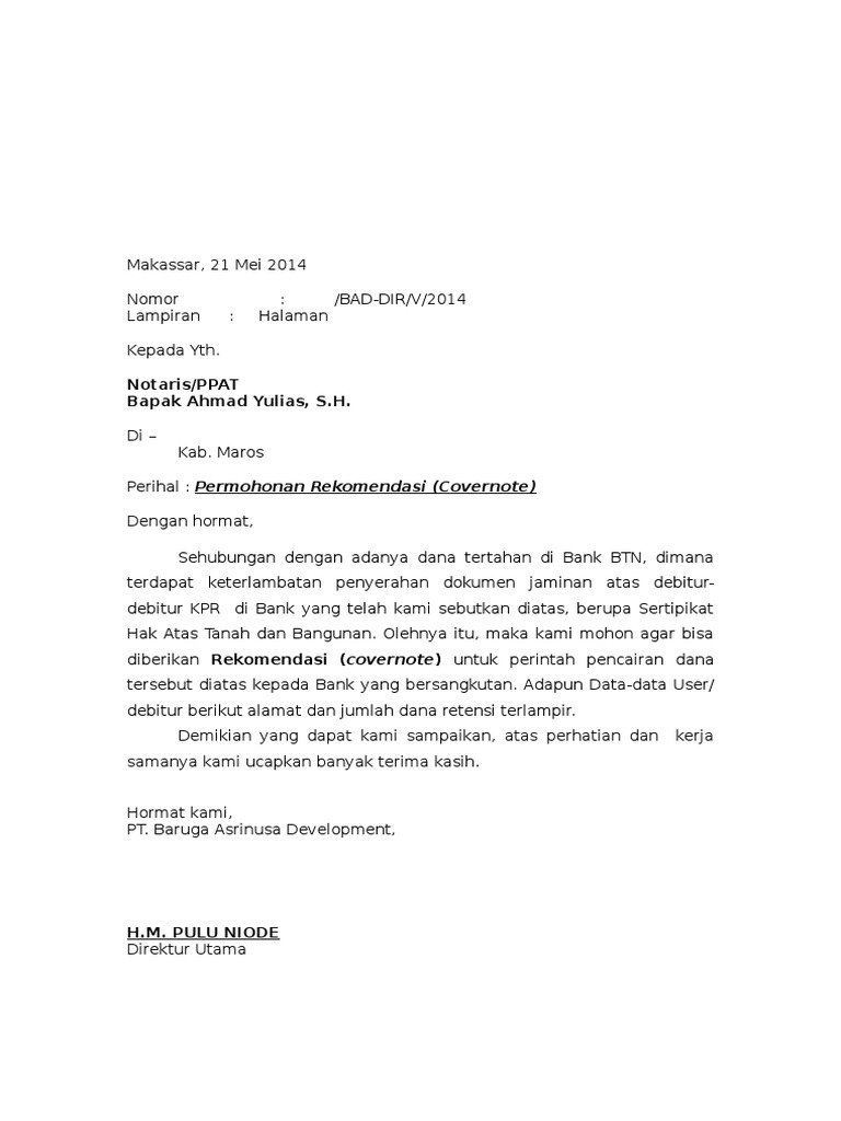 Cover Note Notaris Contoh Letter