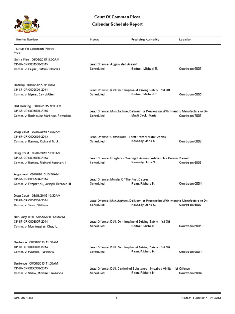 York County Court Schedule For 8/6/15 PDF Criminal Justice Crime