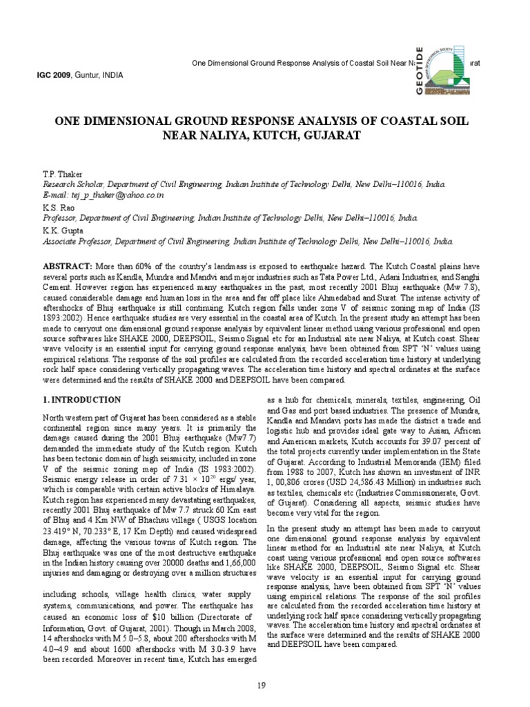 One Dimensional Ground Response Analysis of Coastal Soil Near Naliya ...