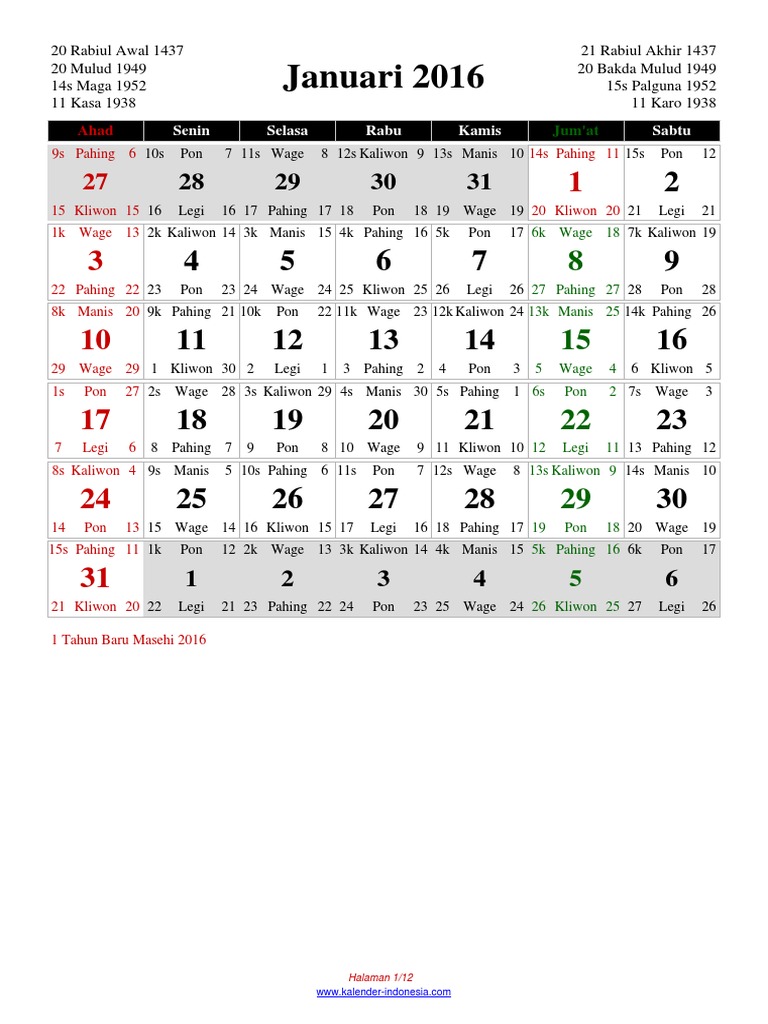 kalender 2016 Lengkap