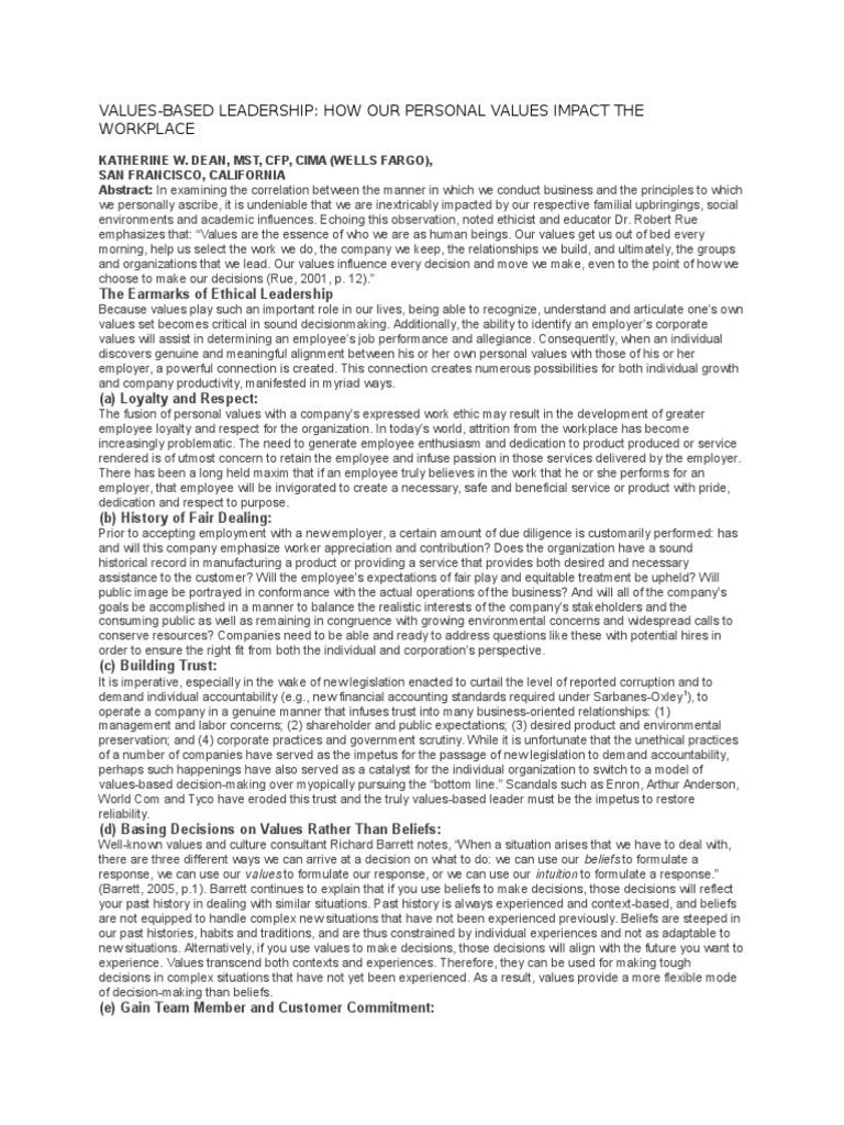 Values Impact The Workplace | PDF | Leadership | Value (Ethics)