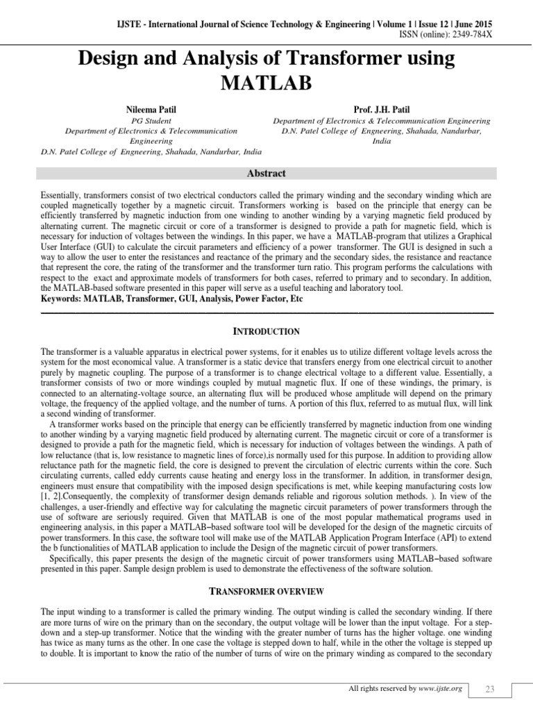 Design and Analysis of Transformer using MATLAB | Transformer ...