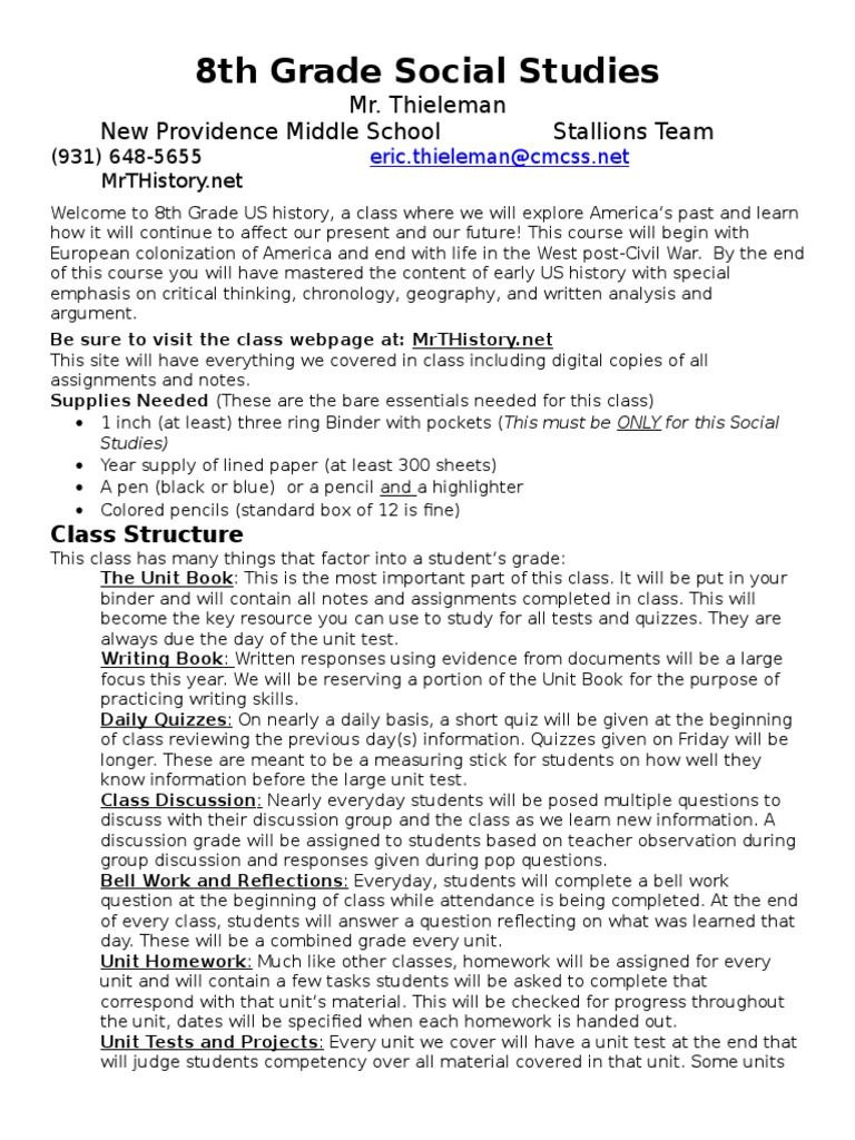 8th Grade US History Syllabus | PDF | Homework | Cognition