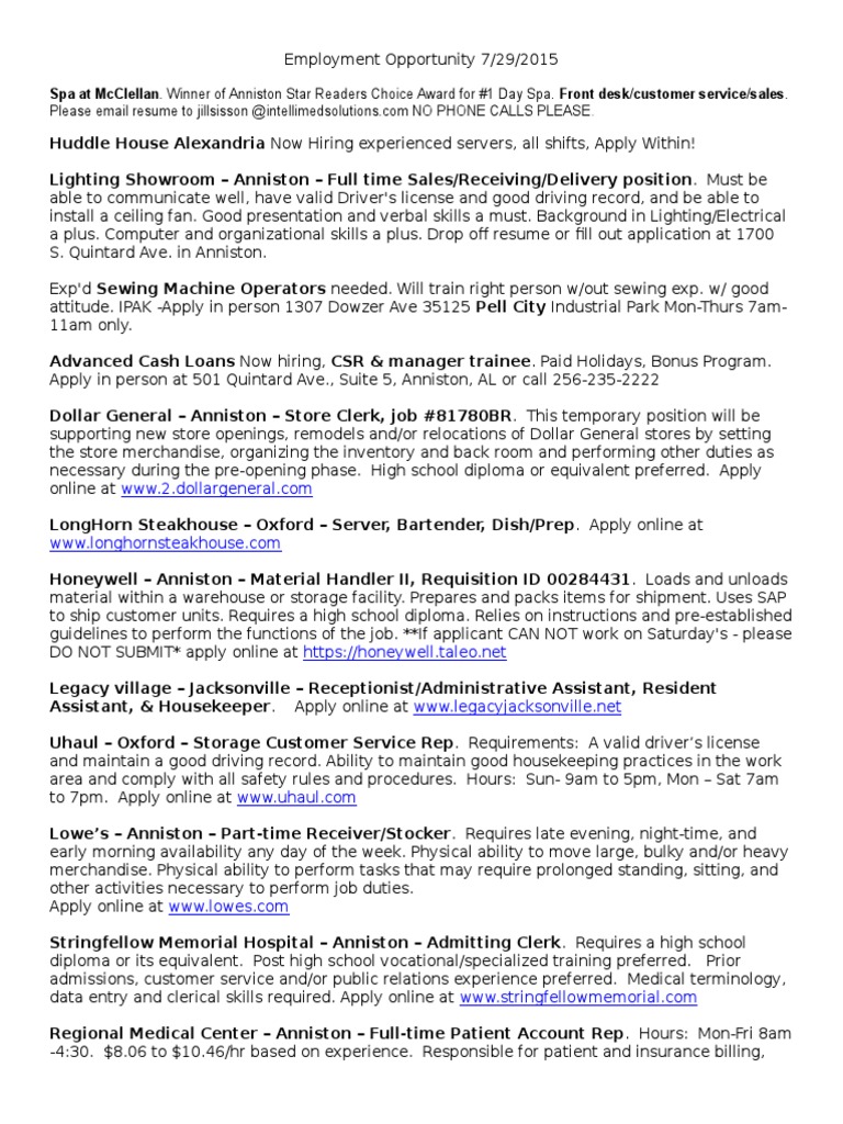 Job Openings in Anniston Area | PDF | Warehouse | Business