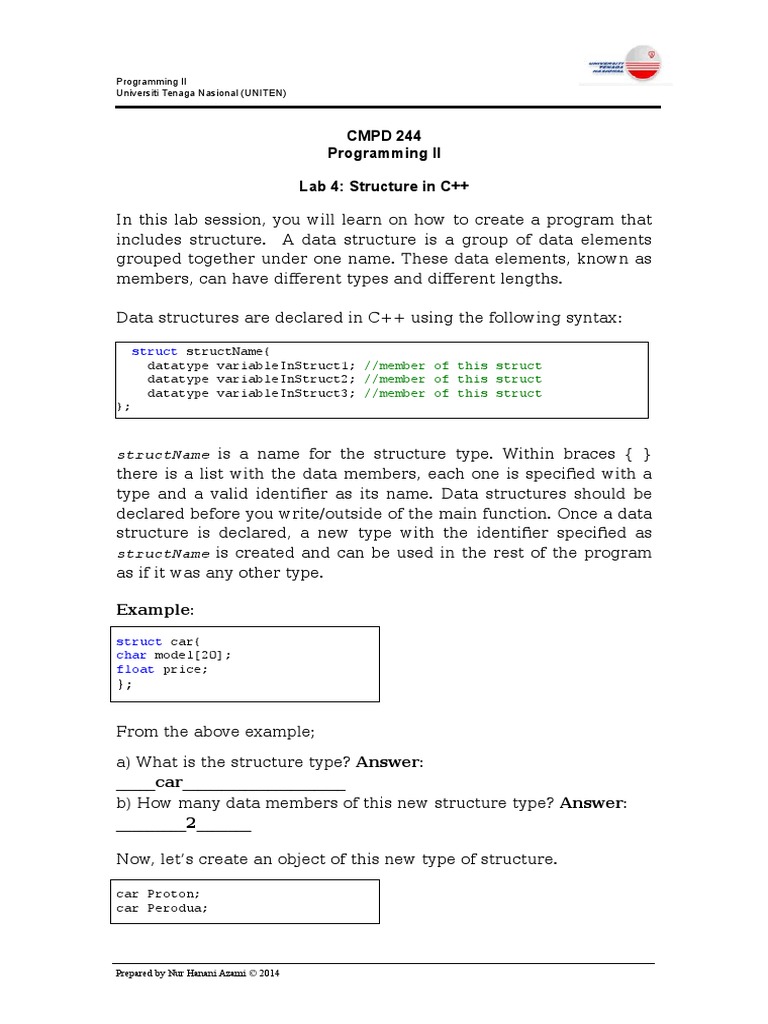 CMPD 244 Programming II Lab 4: Structure in C++ | PDF | Data Type ...