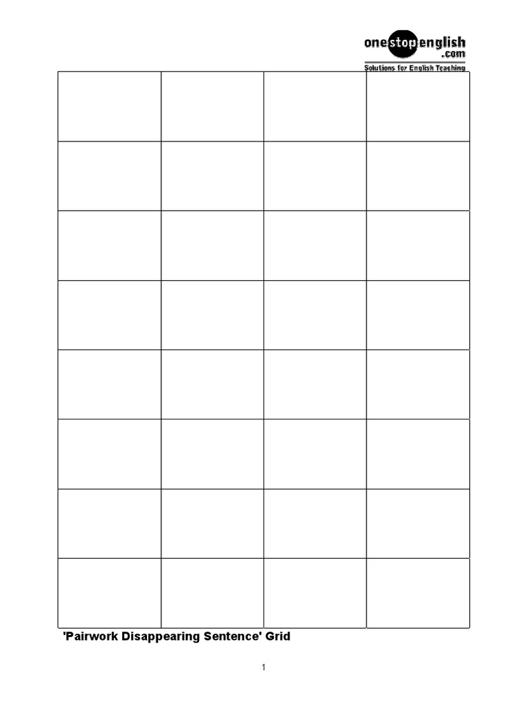 'Pairwork Disappearing Sentence' Grid | PDF