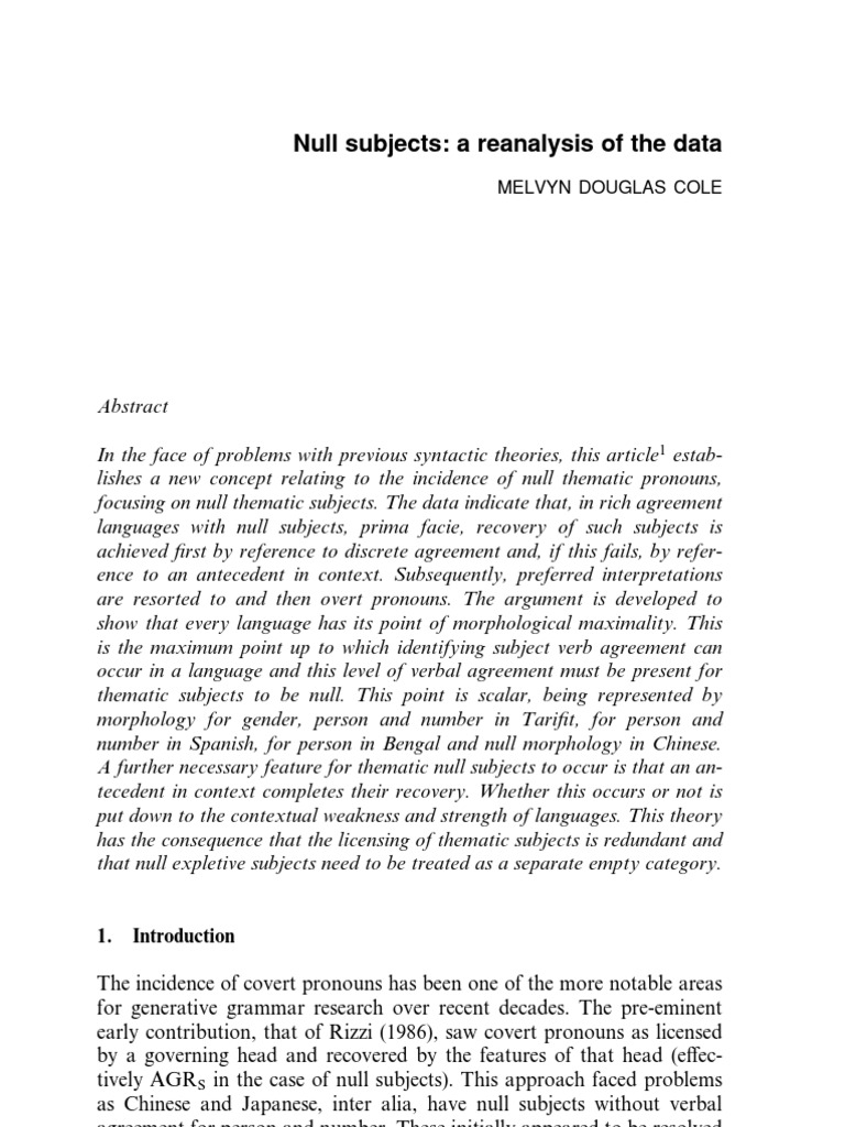 Null Subjects A Reanalysis of The Data | PDF | Subject (Grammar ...