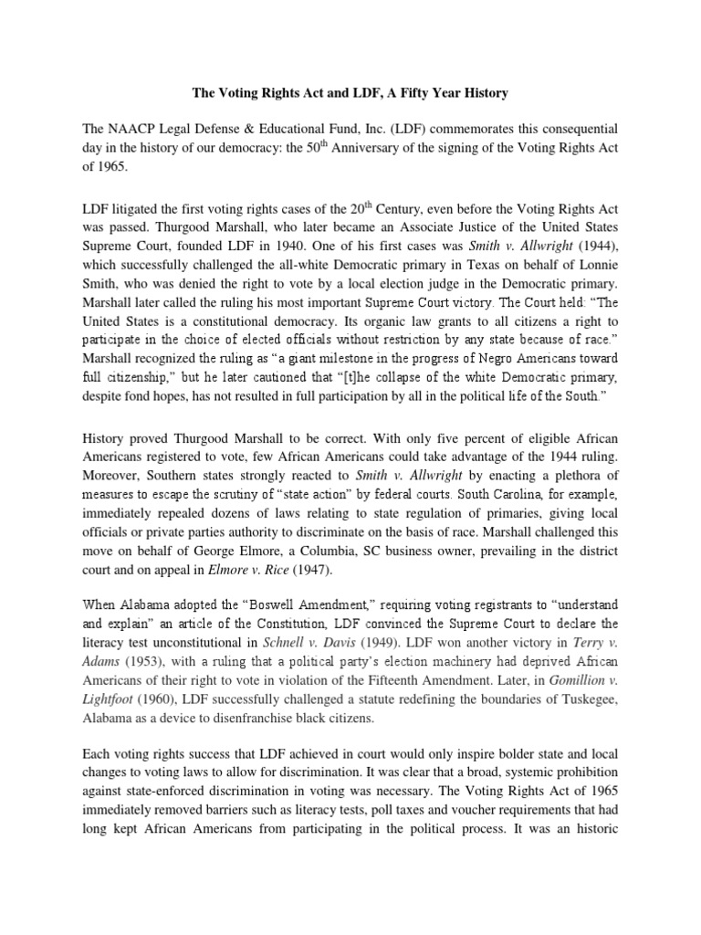 The Voting Rights Act and LDF, A Fifty Year History | PDF | Voting ...