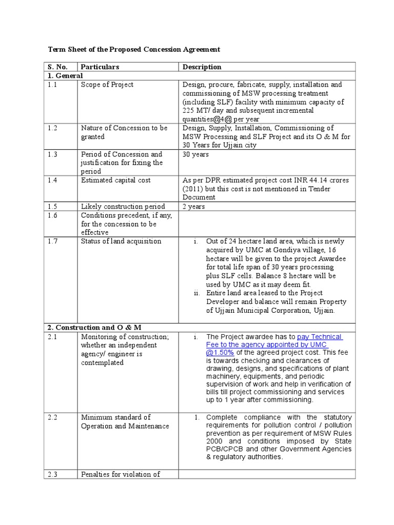 Term Sheet For Proposed Concession Agreement PDF Regulation
