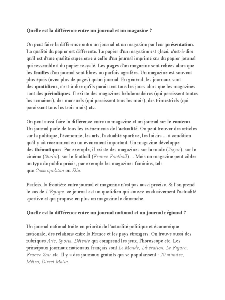 Quelle Est La Différence Entre Un Journal Et Un Magazine  Journaux