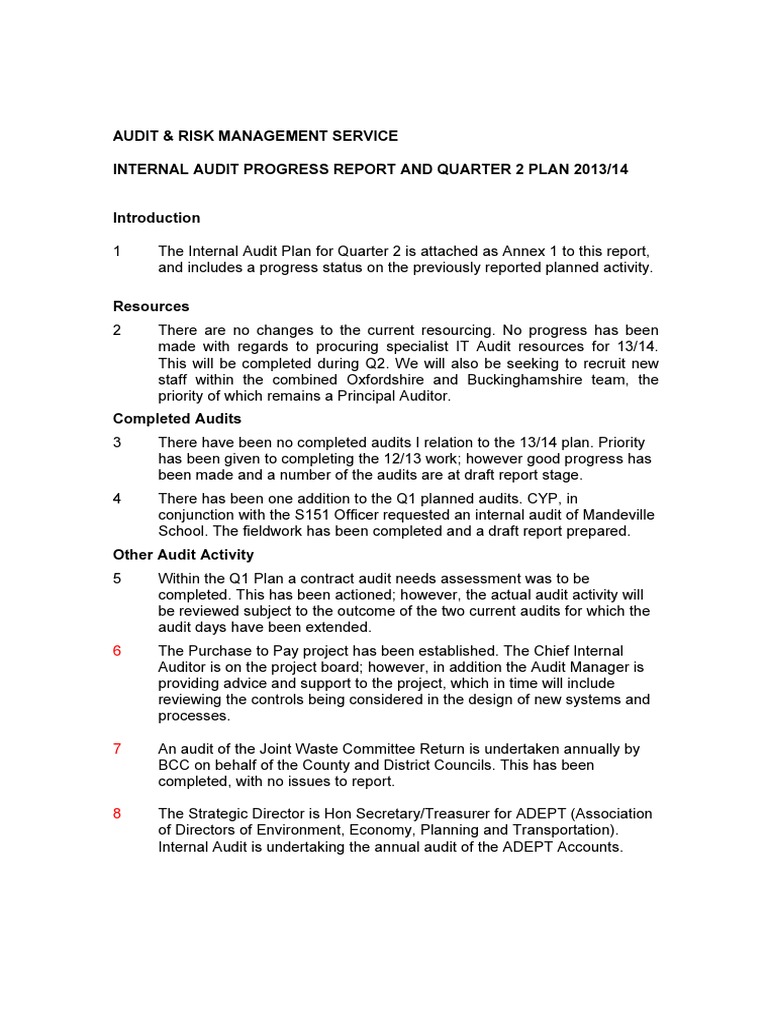 Internal Audit Progress Report and Quarter 2 Plan | Internal Audit | Audit