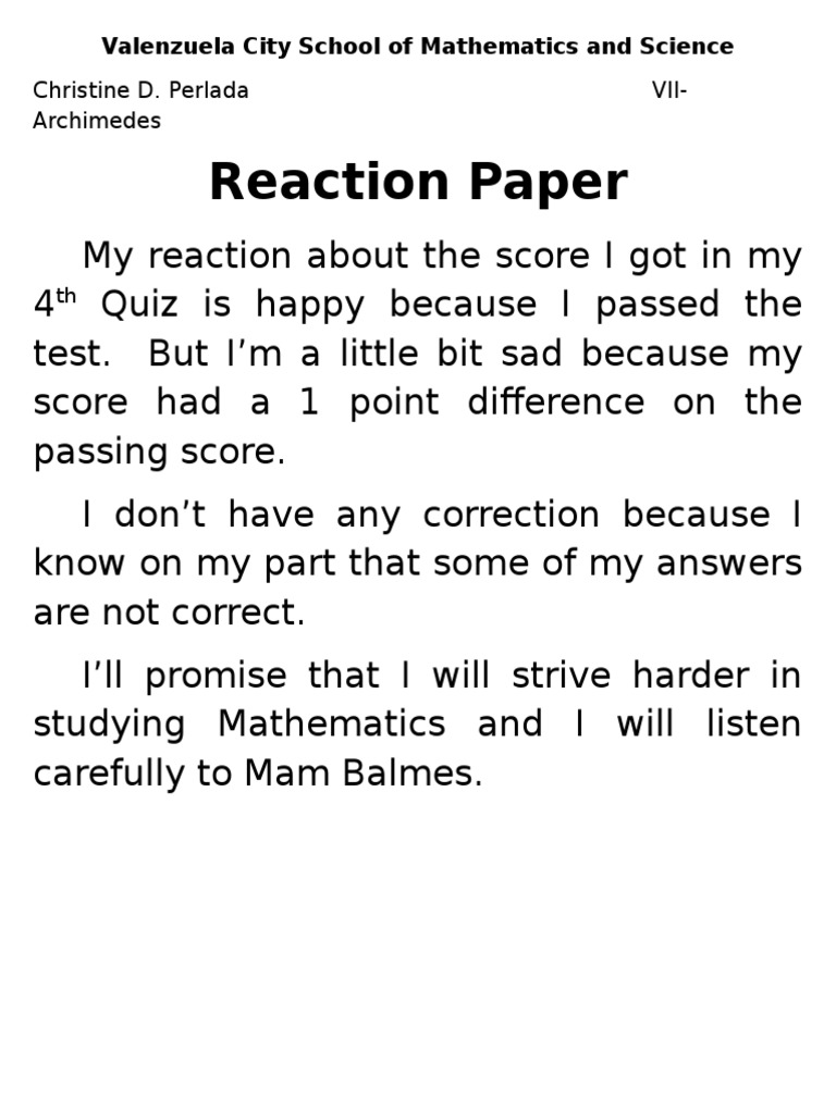 Reaction Paper: Valenzuela City School of Mathematics and Science | PDF