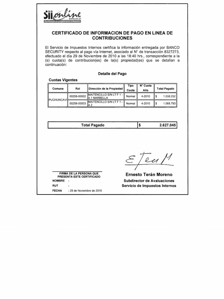 Certificado de Pago de Contribuciones Cuota 4 2010 PDF | PDF