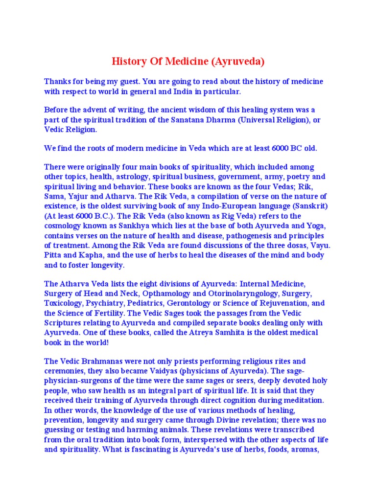 History of Medicine (Ayruveda) PDF Ayurveda Vedas
