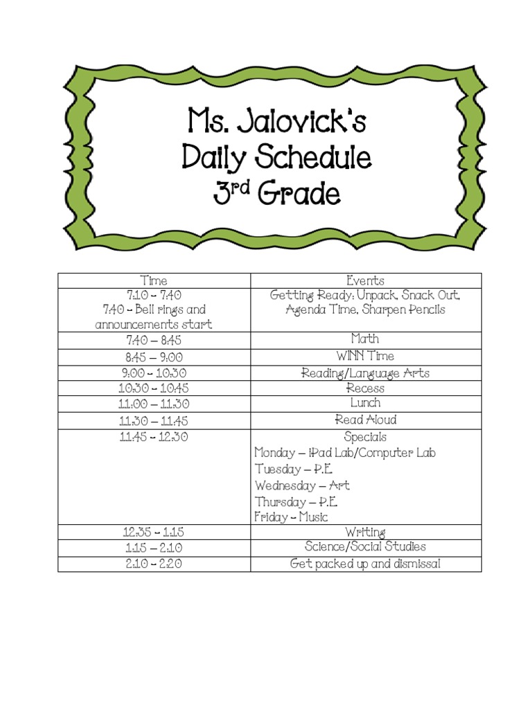 3rd Grade Daily Schedule | PDF